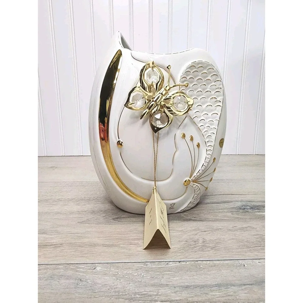 RARE Vintage 80s Italy Porcelain White Gold‎ Vase Butterfly Bruno Costenaro
